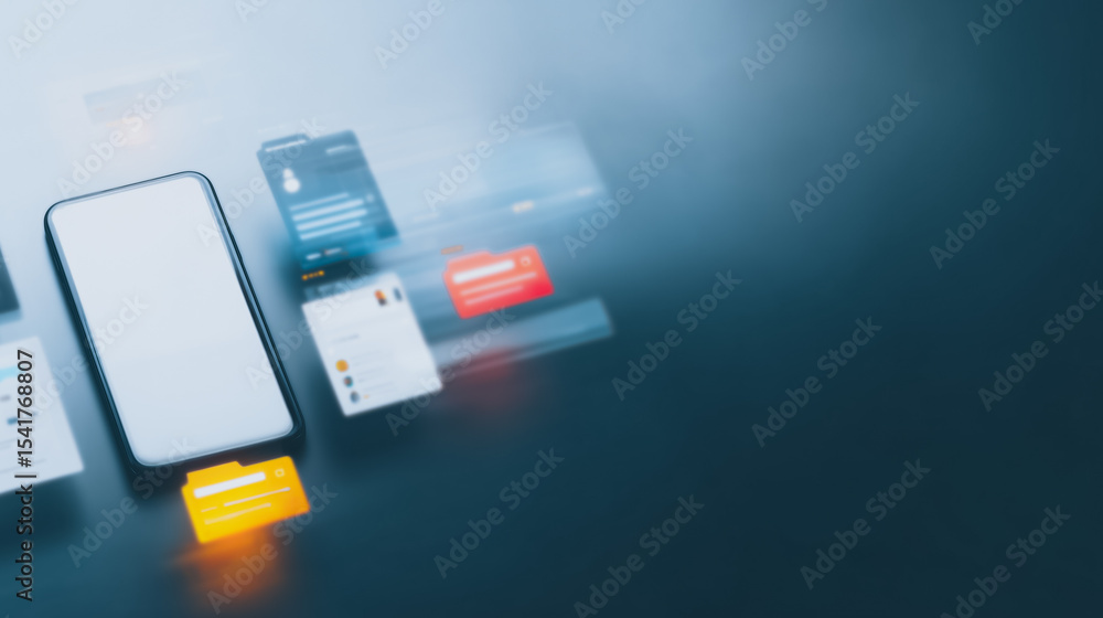 Poster digital interface: a high-angle shot captures a sleek smartphone and abstract app icons in a futuris