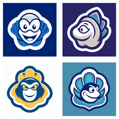 Obraz premium Collection of cartoon animal logos featuring a clam, fish, monkey, and another clam design set on squares