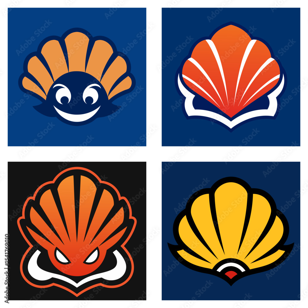Poster a collection of four shell logos with varied designs and color schemes on contrasting square backgro