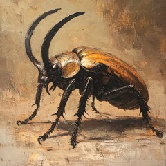 Detailed painting of a beetle with ornate horns