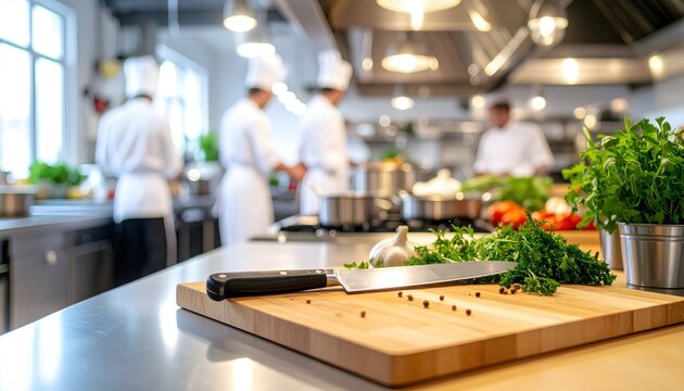 Professional kitchen with chefs preparing dishes in the background illustrating culinary teamwork, food preparation and hospitality industry atmosphere