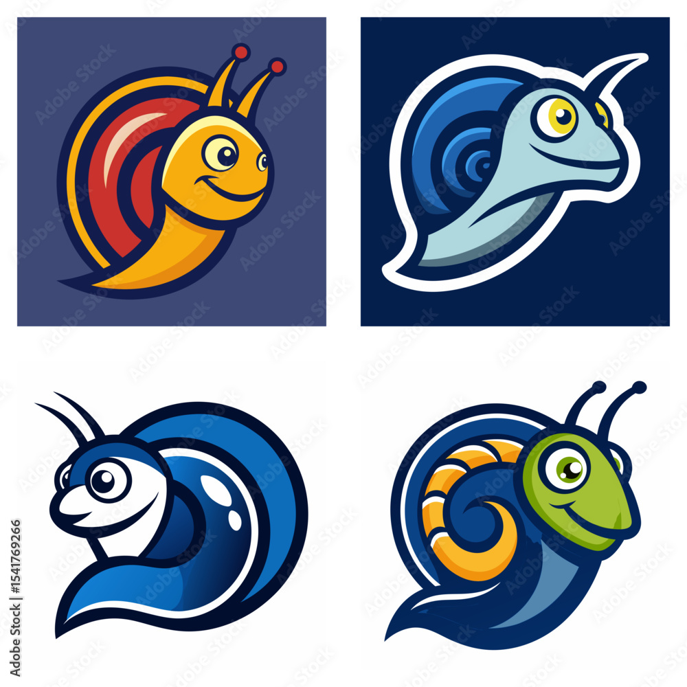 Poster four cartoon snail illustrations with different shell and body colors on square backgrounds