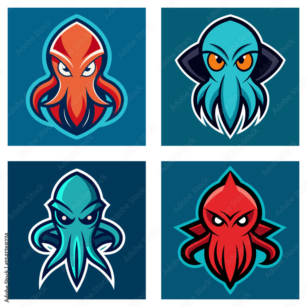Poster collection of four stylized octopus designs in various colors on a blue background in square frames