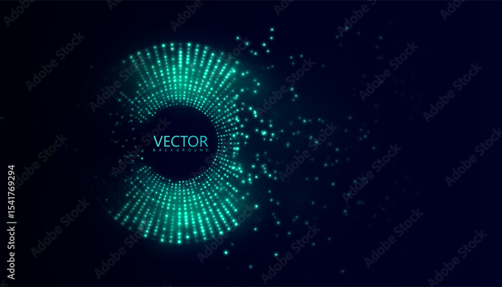 Poster A digital ring of glowing dots with vibrant dynamics and particle scattering on a dark background. Used for high-tech interfaces, music visualization and futuristic design.