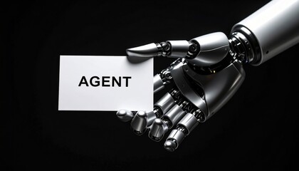 Robotic hand holding card with 'agent' text depicting AI identity and machine role in future decision-making systems