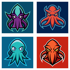 A collection of four stylized octopus mascot logos in various colors and designs on square backgrounds