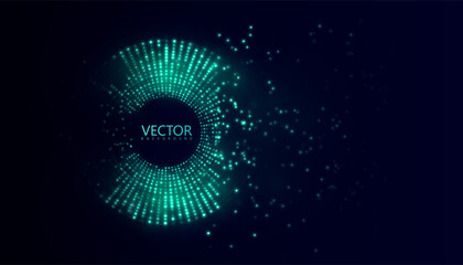 A digital ring of glowing dots with vibrant dynamics and particle scattering on a dark background. Used for high-tech interfaces, music visualization and futuristic design.