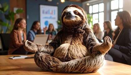 A meditating sloth in a business meeting setting, symbolizing mindfulness, stress relief, and work-life balance in modern corporate culture