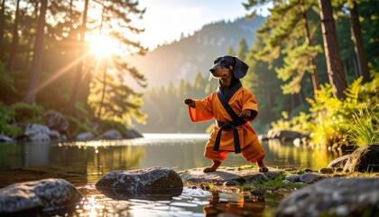 Fototapeta premium A dachshund in a martial arts outfit practicing by a river at sunrise, blending nature, discipline, and pet creativity for themed visuals