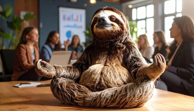 A meditating sloth in a business meeting setting, symbolizing mindfulness, stress relief, and work-life balance in modern corporate culture