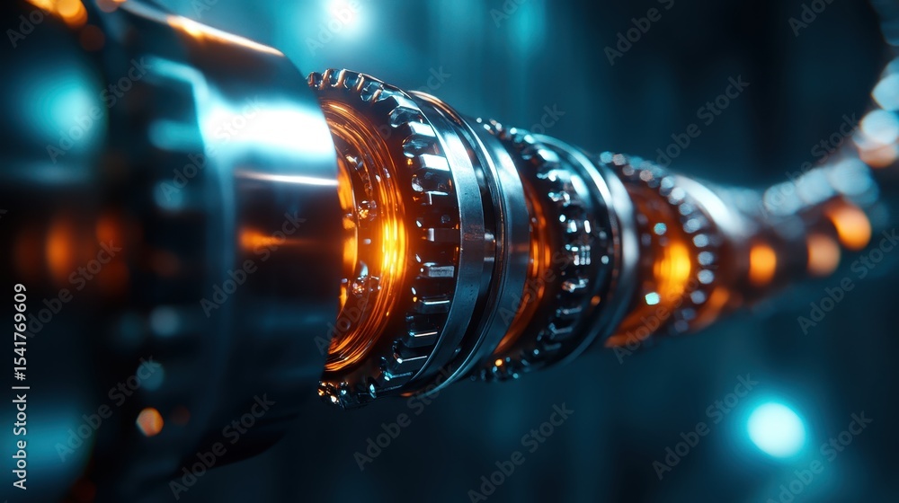 Poster this image features a mesmerizing arrangement of metallic gears with glowing orange elements, repres