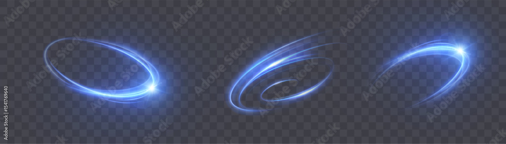 Poster Glowing circular motion trails with bright blue lines on transparent background. Vivid effect for futuristic interfaces, combat effects, fantasy and UI animations.
