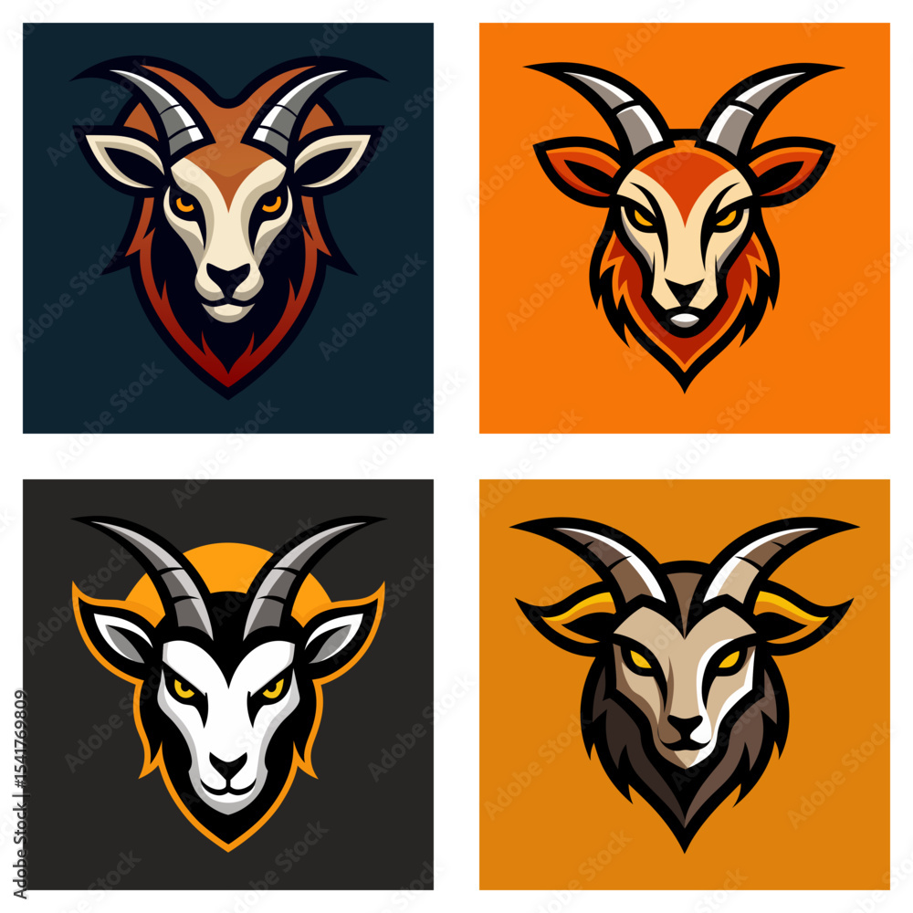 Poster collection of four goat head logos with different color schemes and background variations presented