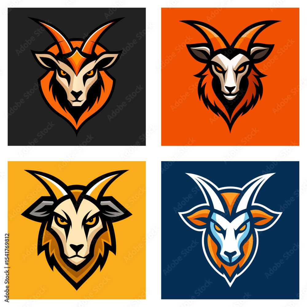 Poster four square panels showcasing stylized goat head logos with varying color schemes and background col