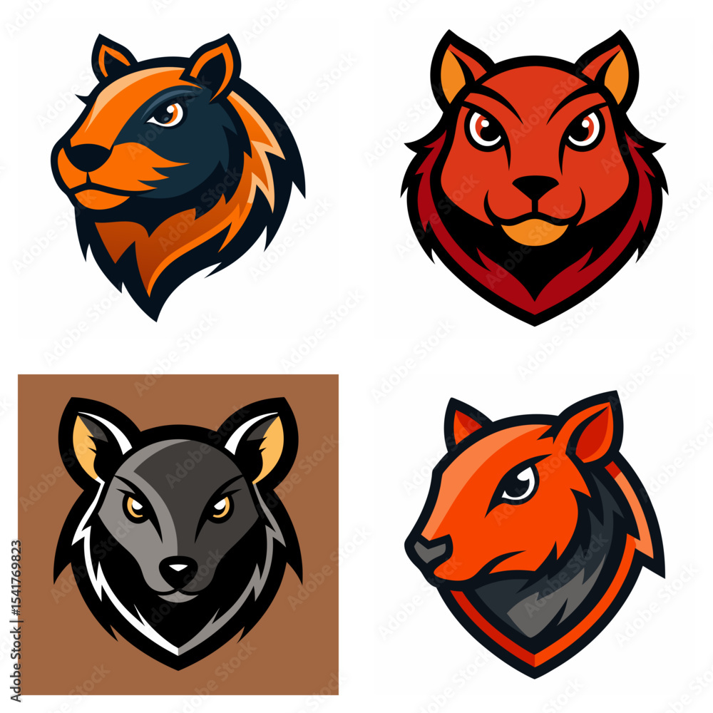 Poster illustration of four stylized animal heads with distinct color schemes and sharp vector art style de