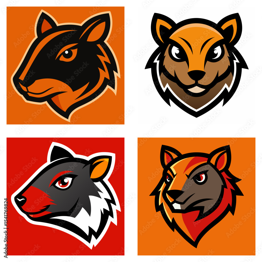 Poster collection of four stylized squirrel head illustrations in square format with various color schemes
