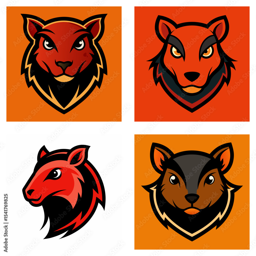 Poster four stylized squirrel mascot heads in square frames with distinct color variations shown