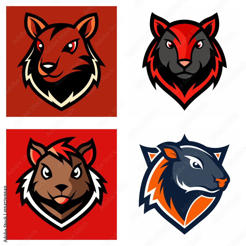 Poster Four stylized squirrel head logos with varying color schemes and background color in a square format