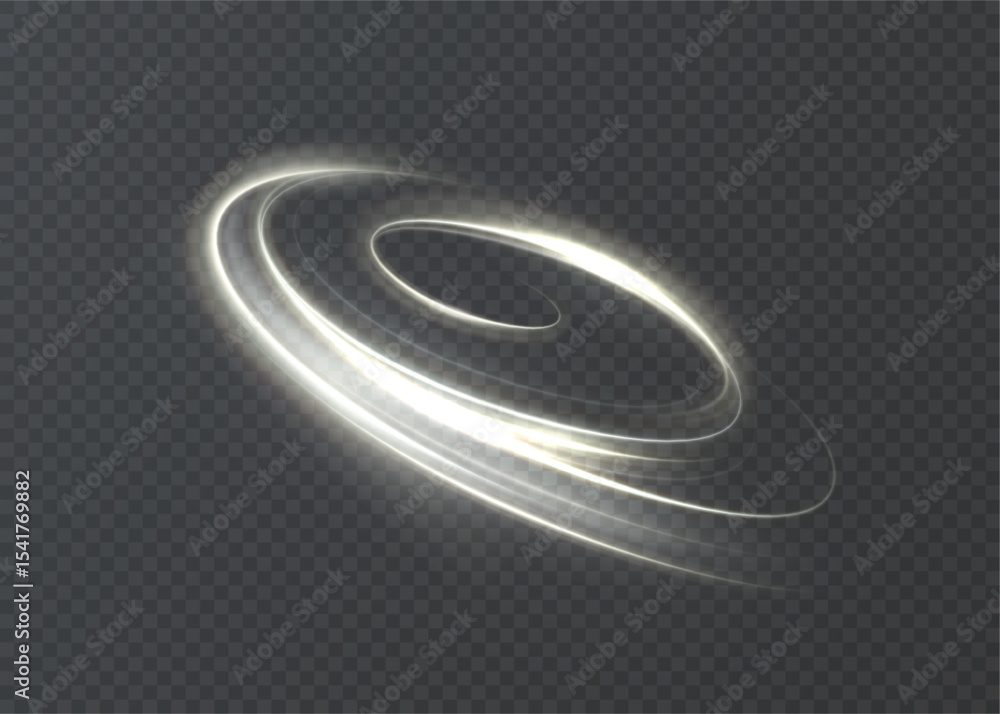 Poster Glowing white spiral trail with soft energy movement and circular light path on dark background. Vector