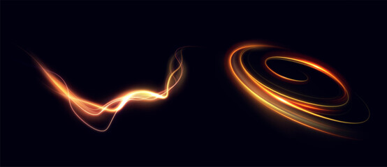 Curved golden light trail with soft glow. Smooth swirling vortex for energy effects, magic spells, glowing waves or sci-fi interfaces.   © MAKSYM