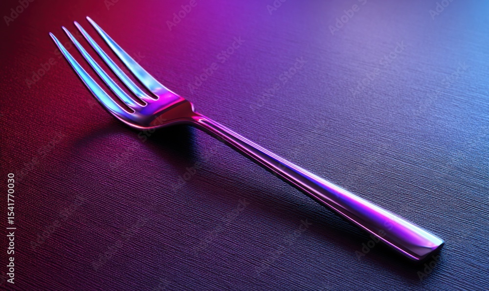 Poster isolated metallic fork floating above surface, highlighted by violet and red neon reflections, gloss