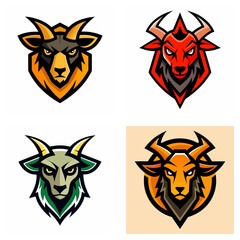 Fototapeta premium Illustration showing four goat head mascots in different colors and design styles on a white background