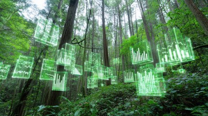 Lush green forest with floating data visualizations, holographic graphs and glowing eco stats hovering over trees
