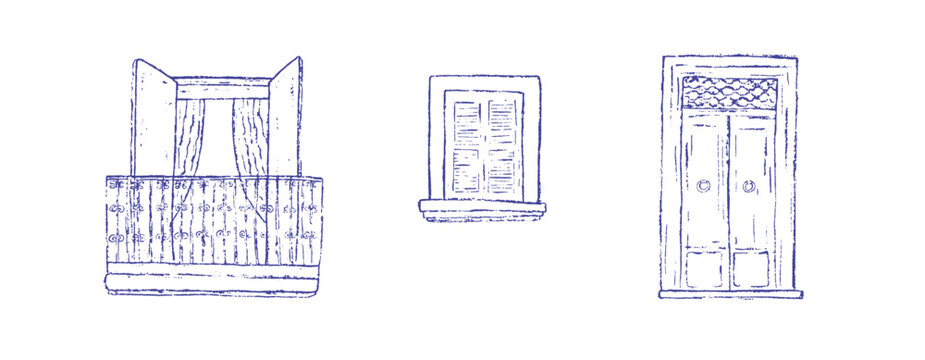 Hand drawn architecture Mediterranean elements vector illustration. Window, balcony and door rough sketch. Sourthern seacoast city aesthetic.