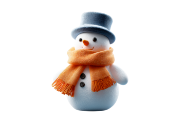 Snowman wearing a blue hat and orange scarf with a happy expression