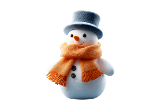 Snowman wearing a blue hat and orange scarf with a happy expression