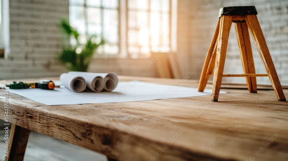 Poster a serene wooden table is set with architectural plans, tools, and a stool. sunlight peeks in through