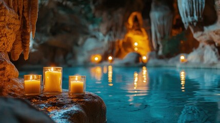 Candlelit Tranquil Cave Pool: A Serene Underground Spa-Like Retreat for Relaxation
