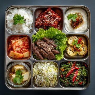 Korean dosirak lunchbox featuring rice, marinated beef, kimchi, assorted vegetables, and pickled items, beautifully arranged in a stainless steel container with vibrant colors