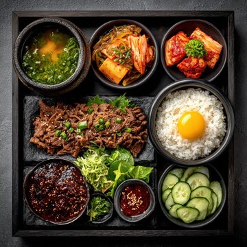 Korean dosirak lunchbox featuring marinated beef, rice, kimchi, and assorted vegetables, beautifully arranged in a black tray with vibrant colors and textures, perfect for a nutritious meal