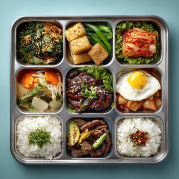 Korean dosirak lunchbox with assorted dishes including rice, vegetables, and protein, beautifully arranged in a stainless steel container, vibrant colors and textures for a delightful meal experience