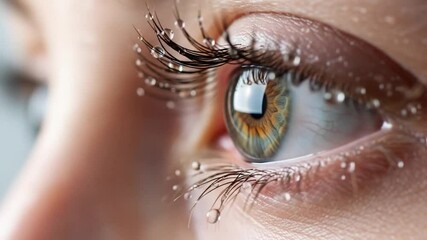 Close-up video of a human eye with water droplets on eyelashes, blinking and closing - Powered by Adobe