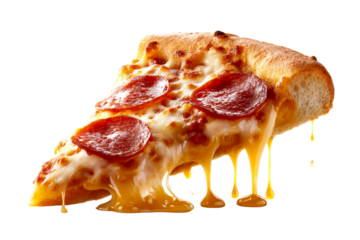 Pepperoni pizza slice with melted cheese on clear background