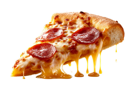 Pepperoni pizza slice with melted cheese on clear background