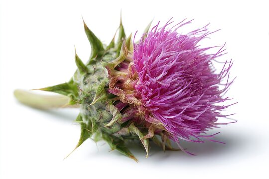 A vibrant purple thistle bloom with sharp green bracts and a soft hazy shadow against a stark white backdrop