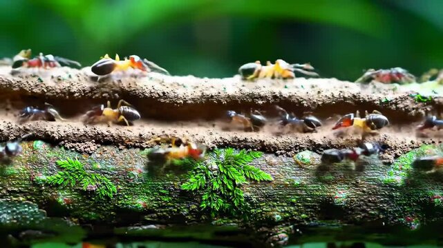 Closeup view of ants working on branch covered in moss