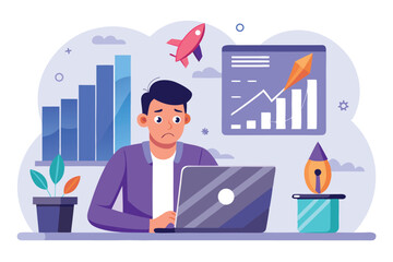 Depressed Man Working on Laptop with Charts and Rocket in the Background Expressing Anxiety and Failure