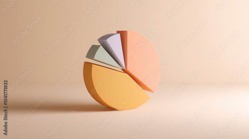 Poster minimalist pie chart rendered in 3d with shadow play, isolated on soft pastel background, abstract c