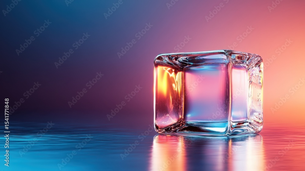 Poster a beautifully lit, transparent ice cube with intricate reflections and colors, showcasing its geomet