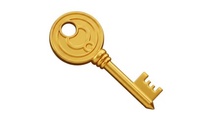 Golden Metal Key with Keyhole Symbol on White Background - 3D Rendered Security and Access Icon