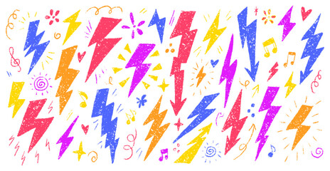 Colorful Crayon Lightning Bolts with Fun Decorative Elements on White