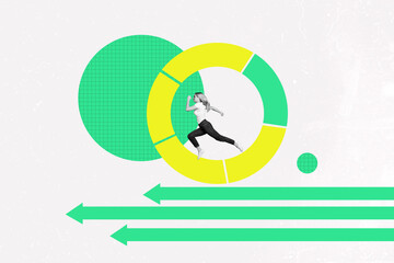 3D collage design composite artwork sketch of young lady hurry run circle diagram data business charts graphics goal analyzing arrow left