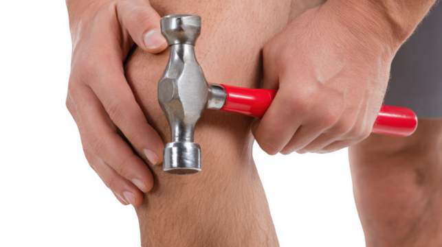 Doctor checking a patient's reflexes by tapping the knee with a reflex hammer during a medical examination, set against a transparent background for clarity and focus