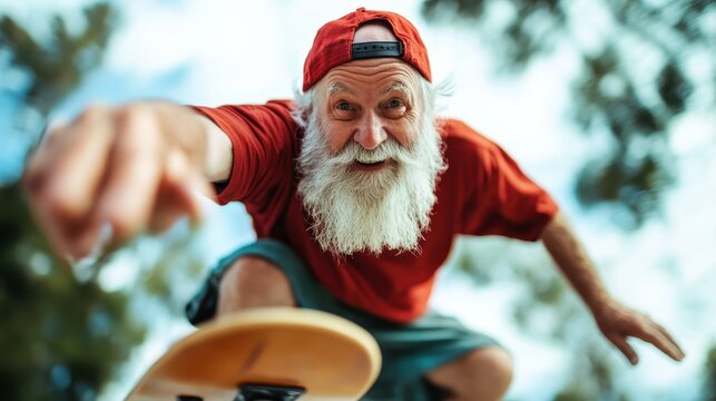 An adventurous elderly man skateboards with a joyful expression, defying age and showcasing a zest for life, blending spontaneity with a playful approach in the outdoors.