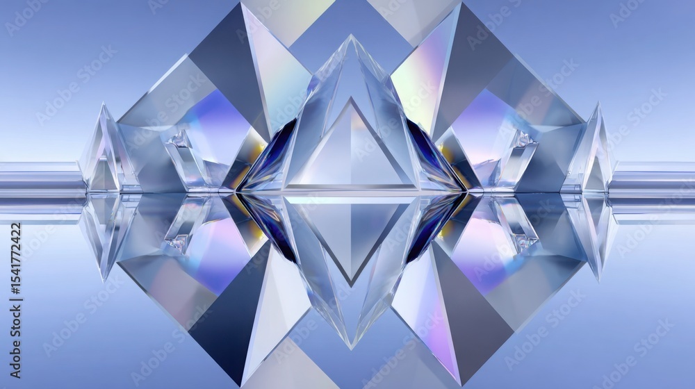 Poster mirrored surface background with sharp reflections of floating geometric shapes, futuristic symmetry