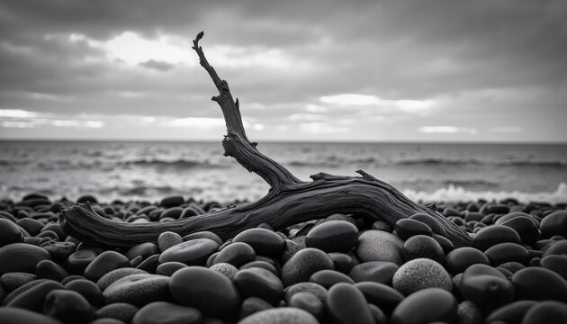 Monochrome seascape with pebbles and driftwood on the shore   - Powered by Adobe